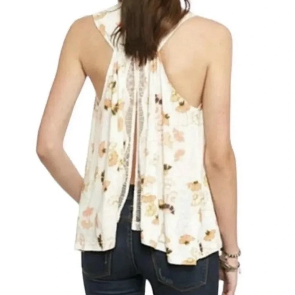 Free People Tank Top Womens Medium White Floral V Neck Lace Tunic Boho Hi Low